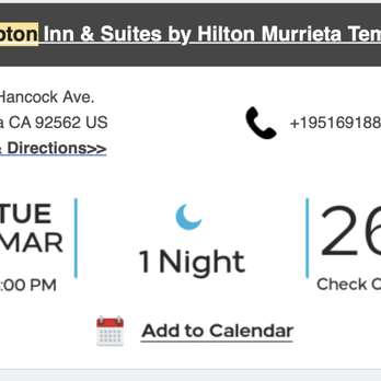 Hampton Inn & Suites Murrieta Temecula - My 2nd booking for the night that Kelly said I had a no-show for. This night was solely so I could have a room from 1pm till check in on3/26 - Hotels Near Me - Murrieta, California