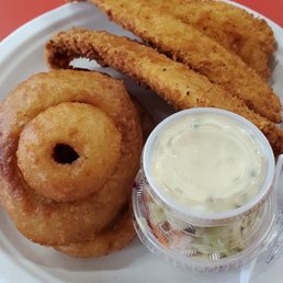 Flounder with slaw and onion rings.