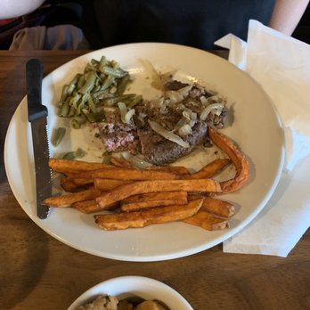 Warehouse 319 - Hamburger steak with sautéed onions, green beans, sweet potato fries and Fried Okra - New American Near Me - Jasper, Alabama