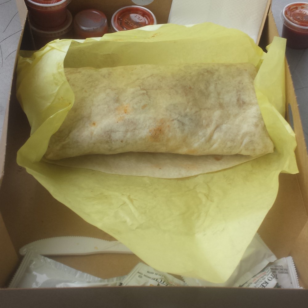 George's Drive-In - Breakfast burrito barely fits in box. - American Near Me - Riverside, California George's Drive-In - Breakfast burrito barely fits in box. - American Near Me - Riverside, California