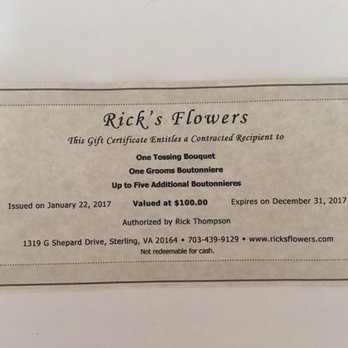 Rick's Flowers - "Gift Certificate" that's really a coupon. - Florists Near Me - Sterling, Virginia