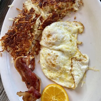 Loru’s Cafe - Part of my Cinnamon Rolls combo: Hash browns, 2 bacon & 2 eggs - Breakfast & Brunch Near Me - Camarillo, California