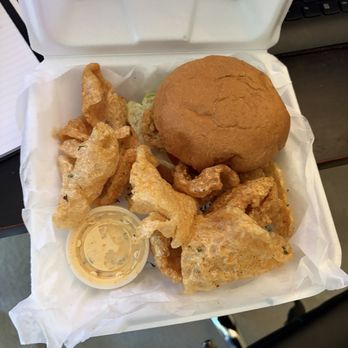 Vibez Bar & Grill - Fried Fish Sandwich and Cajin Pork Rinds with Pimento Cheese - Bars Near Me - Kannapolis, North Carolina Vibez Bar & Grill - Fried Fish Sandwich and Cajin Pork Rinds with Pimento Cheese - Bars Near Me - Kannapolis, North Carolina