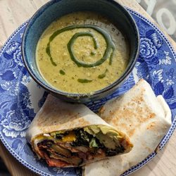Velocity Cafe & Bicycle Workshop - Soup and wrap combo Pea and courgette soup and breakfast burrito