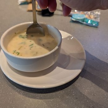 BJ's Restaurant & Brewhouse - Clam chowder soup only 8 tsp. Not a full cup. The 1 time I was served it, it wasn't hot;  The second time, it was, after microwave it. - New American Near Me - San Bernardino, California