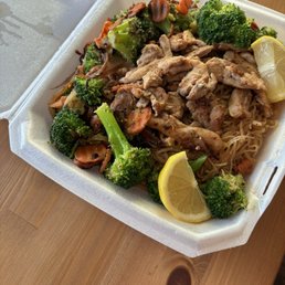 Chicken pancit with veggies. The food container was so heavy because they give you a large amount of serving!