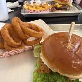 Edmond's Burgers & More - Chicken sandwich and onion rings Cheeseburger and small fries - American Near Me - Plano, Texas Edmond's Burgers & More - Chicken sandwich and onion rings Cheeseburger and small fries - American Near Me - Plano, Texas