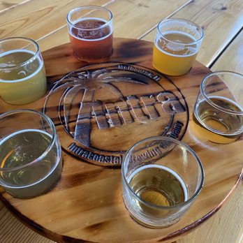 Intracoastal Brewing Company - Flight (top clockwise); Blackberry Shan-Tea, Art Handler (IIPA), Honey Blonde Ale, Beach Cider, Space Coast, Magic Dragon Point IPA - Breweries Near Me - Melbourne, Florida Intracoastal Brewing Company - Flight (top clockwise); Blackberry Shan-Tea, Art Handler (IIPA), Honey Blonde Ale, Beach Cider, Space Coast, Magic Dragon Point IPA - Breweries Near Me - Melbourne, Florida