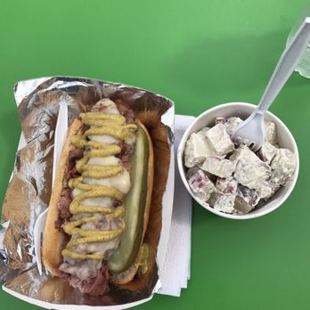 Gandolfo's - This is the hotdog pastrami on top of it all with sour cream potato salad. Absolutely incredible - Delis Near Me - Dallas, Texas