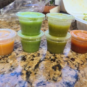 San Luis Mexican Food - Some salsa options!  Orange is the hottest!  Lighter green is like an avocado salsa - Mexican Near Me - Oceanside, California