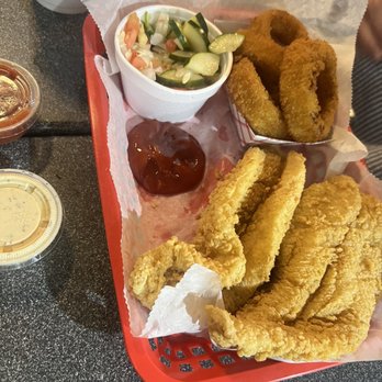 Sunset Grille - Swai fish dinner with Cucumber Salad, Onion Rings - Seafood Near Me - Pensacola, Florida