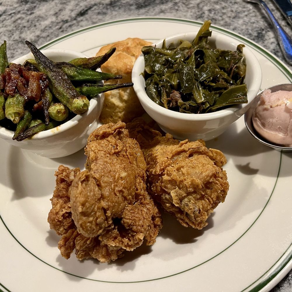 Two 2 Piece Plate with fried chicken, okra, collard greens, and cornbread Two 2 Piece Plate with fried chicken, okra, collard greens, and cornbread
