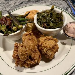 Two 2 Piece Plate with fried chicken, okra, collard greens, and cornbread