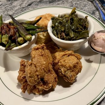 Fixins Soul Kitchen  - Two 2 Piece Plate with fried chicken, okra, collard greens, and cornbread - Soul Food Near Me - Los Angeles, California