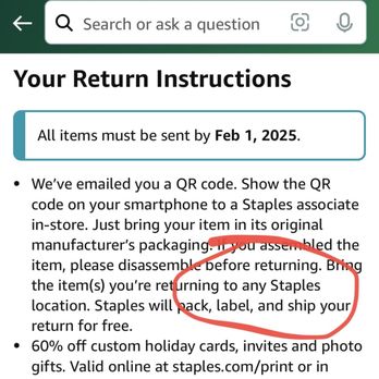 Staples - I guess only a few Staples stores will accept Amazon returns? The associate at the counter said this, but my Amazon return says otherwise. - Shipping Centers Near Me - Shorewood, Illinois