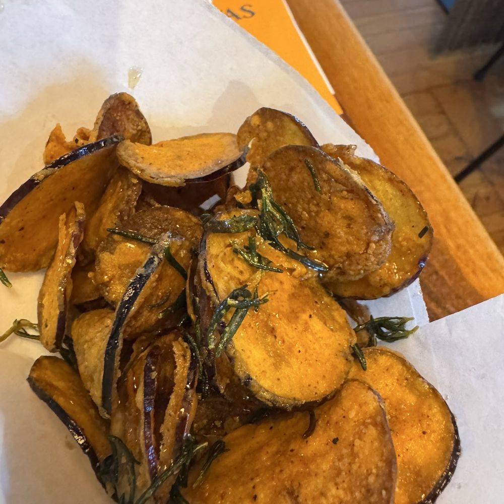 Bravas Bar de Tapas - Fried Eggplant Chips with Truffle Honey & Rosemary - Spanish Near Me - Healdsburg, California Bravas Bar de Tapas - Fried Eggplant Chips with Truffle Honey & Rosemary - Spanish Near Me - Healdsburg, California