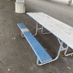 Rickety picnic table in the outdoor quad.....