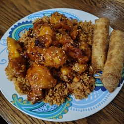 General Wok - Crawfish fried rice, sesame chicken and egg rolls