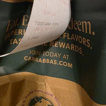 Carrabba's Italian Grill - The shopping bag with my receipt attached. - Italian Near Me - Roanoke, Virginia Carrabba's Italian Grill - The shopping bag with my receipt attached. - Italian Near Me - Roanoke, Virginia
