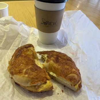 Brew Coffee - Egg and cheese on a cheese bagel. - Coffee & Tea Near Me - Redwood City, California
