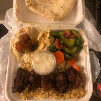 Kabab Crush - Beef kabob, hummus, Mediterranean salad (but actually ordered Mediterranean potato salad) and garlic sauce - Mediterranean Near Me - Corona, California