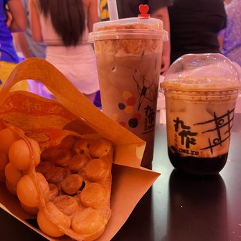 One Zo Boba - Duluth - Red Bean Egg Waffle Chocolate milk tea  Flaming Dirty Oolong Latte (with Lactaid milk - +$0.80) - Bubble Tea Near Me - Duluth, Georgia