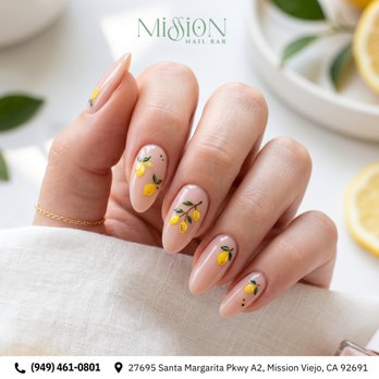 Mission nail bar - Sweet, hand-painted lemon branches pop beautifully against an ultra-clean nude almond base. Bring fresh citrus joy to your tips. Book! - Nail Salons Near Me - Mission Viejo, California Mission nail bar - Sweet, hand-painted lemon branches pop beautifully against an ultra-clean nude almond base. Bring fresh citrus joy to your tips. Book! - Nail Salons Near Me - Mission Viejo, California