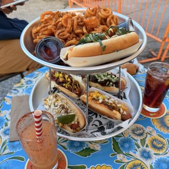 Highland Park Brewery - Hot dog tower: kimchi dog, elote dog, chili cheese dog, al pastor dog, & pastrami dog - Breweries Near Me - Los Angeles, California Highland Park Brewery - Hot dog tower: kimchi dog, elote dog, chili cheese dog, al pastor dog, & pastrami dog - Breweries Near Me - Los Angeles, California