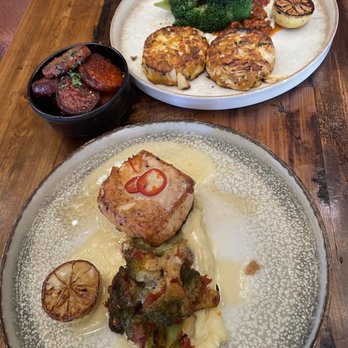 Kinfolk Southern Kitchen - Salmon dish. Crab cakes, broccoli, and yams. - Southern Near Me - Washington, DC, District of Columbia Kinfolk Southern Kitchen - Salmon dish. Crab cakes, broccoli, and yams. - Southern Near Me - Washington, DC, District of Columbia
