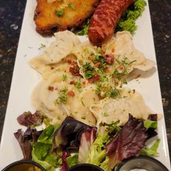 Potato pancake, kielbasa, six assorted pierogi and all were very good!