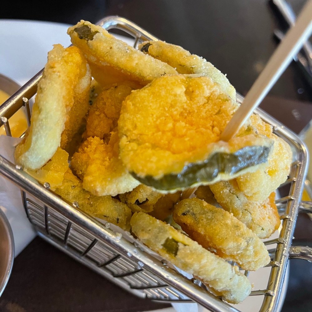 110 Grill - Crispy fried pickle chips served with a side of honey mustard and sriracha aioli - Desserts Near Me - Rochester, New Hampshire