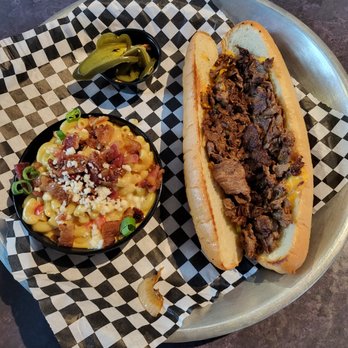 Rogers Roundhouse - Philly Cheesesteak with Mac N Cheese $15 - Beer Gardens Near Me - Fort Worth, Texas
