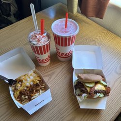 The Bacon & Cheese Double w/ Lettus & Tomato, Chili Cheese Fries, lemonade, & OREO Cookie Peppermint Shake