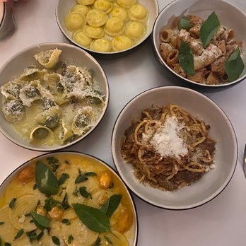 Misi - From top clockwise / Sheep's Milk Ricotta Filled Occhi, Mezze Rigatoni, Spaghetti, Corzetti, Spaghetti - Italian Near Me - Brooklyn, New York Misi - From top clockwise / Sheep's Milk Ricotta Filled Occhi, Mezze Rigatoni, Spaghetti, Corzetti, Spaghetti - Italian Near Me - Brooklyn, New York