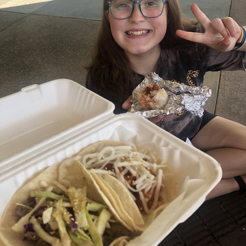 Beef and pork tacos, Rice ball with chicken