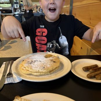 Knotty Pine Diner - My grandson is very excited about the chocolate chip 3 PANCAKES! Lol - Breakfast & Brunch Near Me - Taunton, Massachusetts