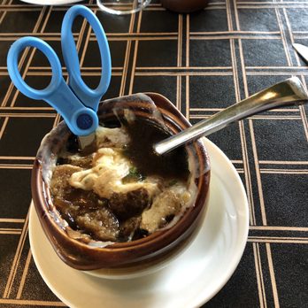 D & R Depot Restaurant - French Onion soup with scissors for cutting the mozzarella. Quite unique! - American Near Me - Le Roy, New York D & R Depot Restaurant - French Onion soup with scissors for cutting the mozzarella. Quite unique! - American Near Me - Le Roy, New York