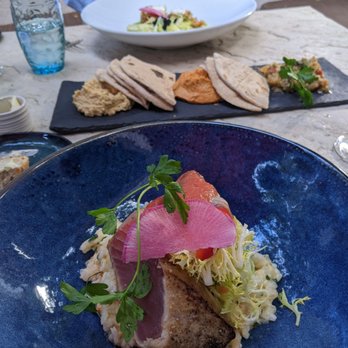 La Casa Sena - From front to back, tuna, med trio and crab cake. - Mediterranean Near Me - Santa Fe, New Mexico