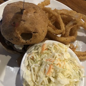 Flipside Burgers and Bar - Goat Burger with Onion Rings and Coleslaw - Burgers Near Me - Milford, Connecticut Flipside Burgers and Bar - Goat Burger with Onion Rings and Coleslaw - Burgers Near Me - Milford, Connecticut