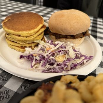 B.C. MaC - Pulled pork sandwhich with corn cakes and slaw - Barbeque Near Me - Morgantown, West Virginia B.C. MaC - Pulled pork sandwhich with corn cakes and slaw - Barbeque Near Me - Morgantown, West Virginia