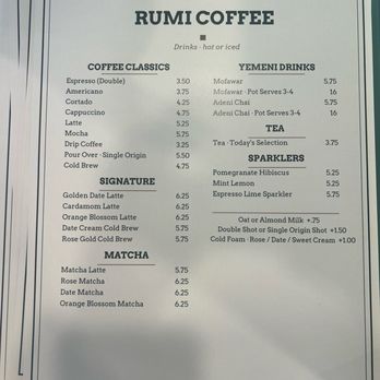 Rumi Coffee - Menu as of 7/31/2026 - Coffee & Tea Near Me - Fresno, California