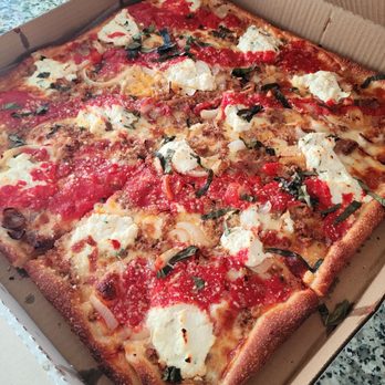 Squisito Pizza & Pasta - 16" Flatbread (Grandma) Lasagne Pizza. | artichoke, mushrooms, roasted peppers, black olives, and Squisito® red sauce. Add sausage, onions. - Pizza Near Me - Severna Park, Maryland