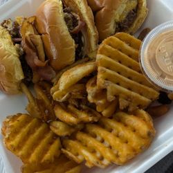Smalls Sliders - 3 Cheeseburger Slider Combo (add bacon), Signature Seasoned Waffle Frys & Smauce