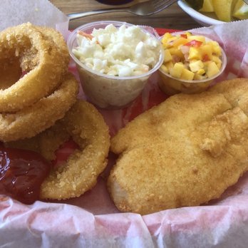 Diamond Shoals - Fried grouper basket with mango salsa, onion rings and coleslaw. - Seafood Near Me - Buxton, North Carolina
