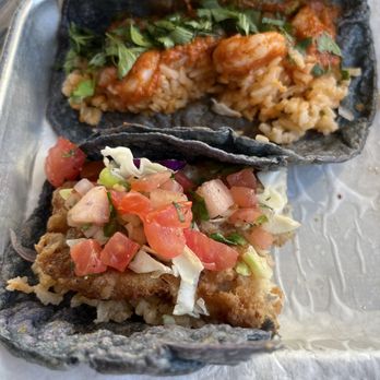Blue Corn Tacos - Bottom: beer battered fish blue corn taco Top: Camerrones Diablos blue corn taco - Mexican Near Me - Longmont, Colorado
