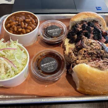 Smoque BBQ - 1/2 brisket 1/2 pork sandwich with slaw and beans, with Memphis sauce - Barbeque Near Me - Chicago, Illinois Smoque BBQ - 1/2 brisket 1/2 pork sandwich with slaw and beans, with Memphis sauce - Barbeque Near Me - Chicago, Illinois