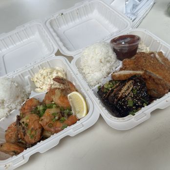 Smiley's Local Grinds - Left: garlic shrimp butter plate and right: kalbi and katsu mix plate. - Hawaiian Near Me - Lihue, Hawaii Smiley's Local Grinds - Left: garlic shrimp butter plate and right: kalbi and katsu mix plate. - Hawaiian Near Me - Lihue, Hawaii