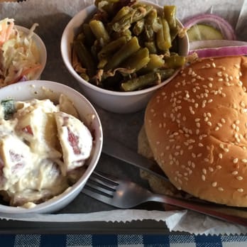 Mark's Feed Store - Awesome pulled chicken sandwich with red potato salad, green beans and some coleslaw to put on top the sandwich. - Barbeque Near Me - Louisville, Kentucky