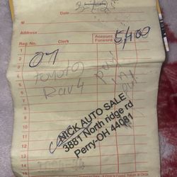 Nick's Auto Sales - My receipt for the purchase of the 2007 Toyota rav4.