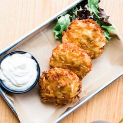 The Cabin Kitchen - Kartoffelpuffers...potato pancakes made with leeks and sharp cheddar. They taste great with a Wilbur's Prize Pilsner!